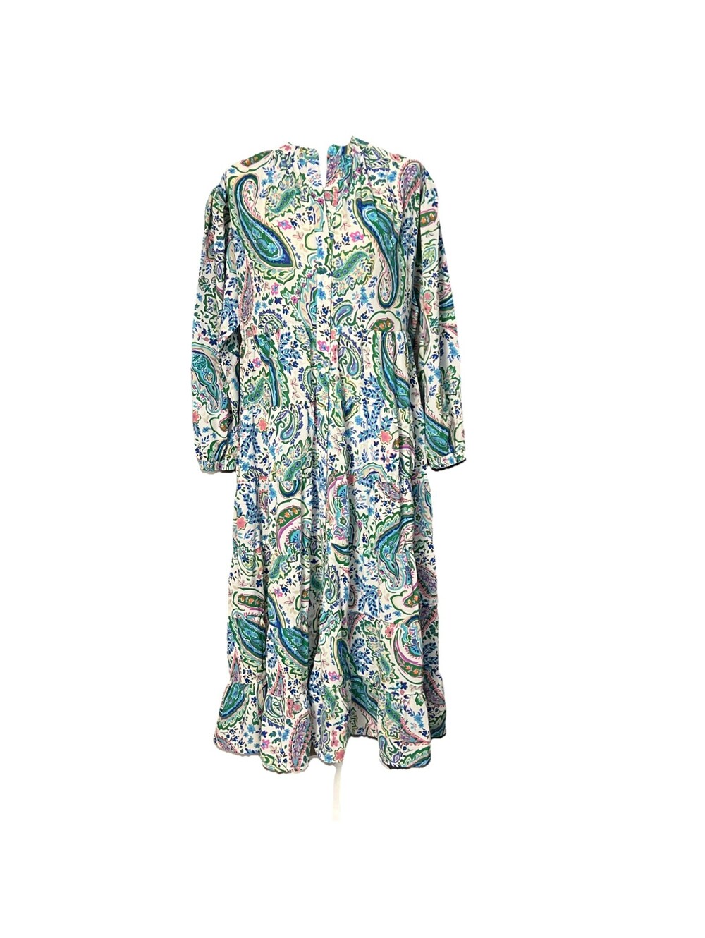 Lucca Paisley Maxi Dress Blue Green Pink Boho Tiered L/S Oversized S Modest